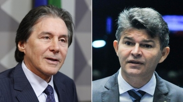 Os pré-candidatos à presidência do Senado Eunício Oliveira (esq) e José Medeiros